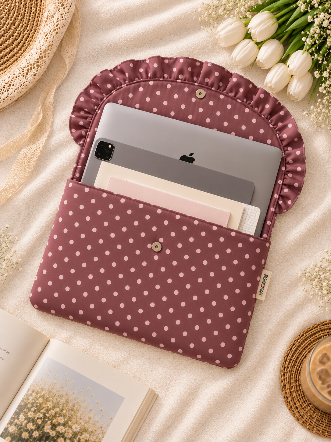 Laptop Sleeve- Brown and Pink Polka